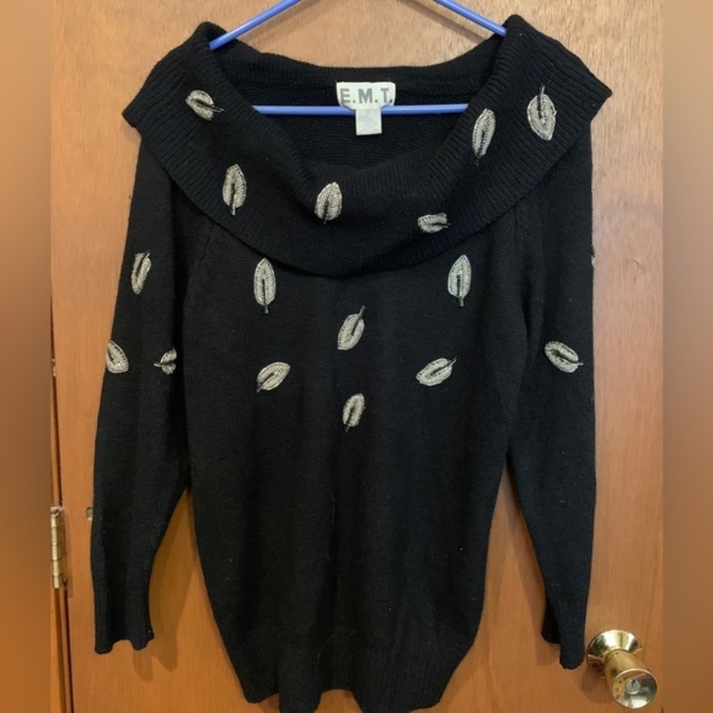 Vintage E.M.T. Beaded Falling Leaves Black Sweater Long Sleeve‎ Size S